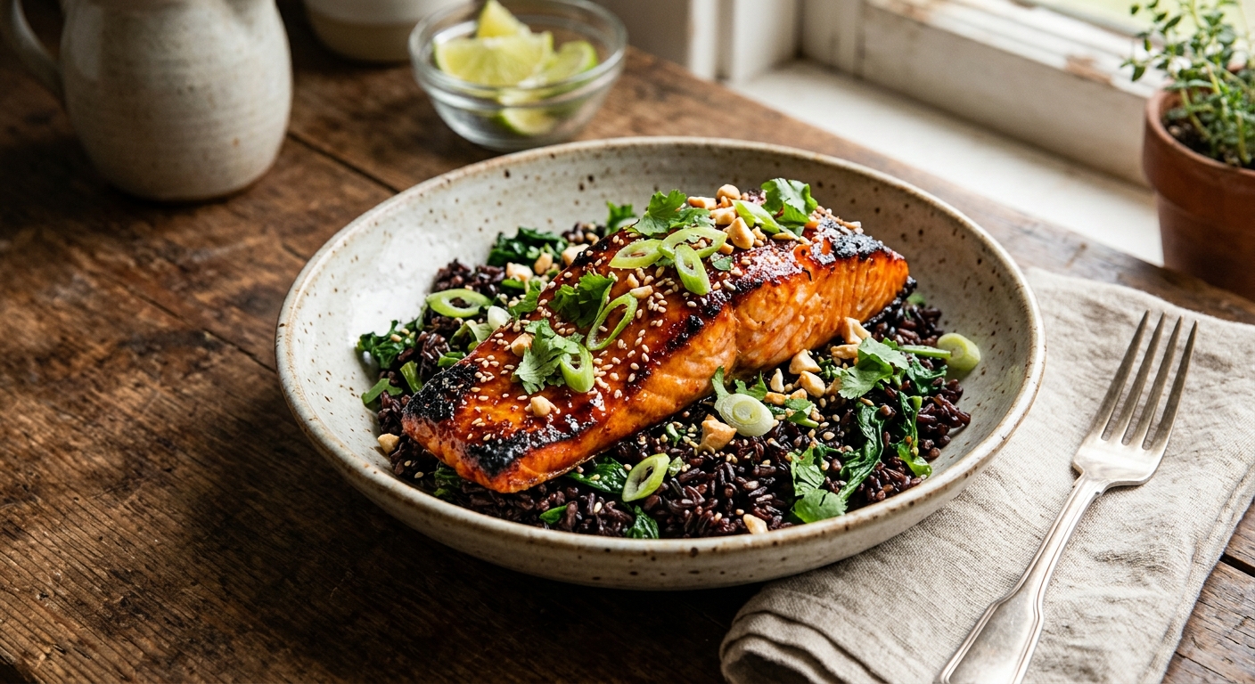 Harissa Honey Salmon with Forbidden Rice