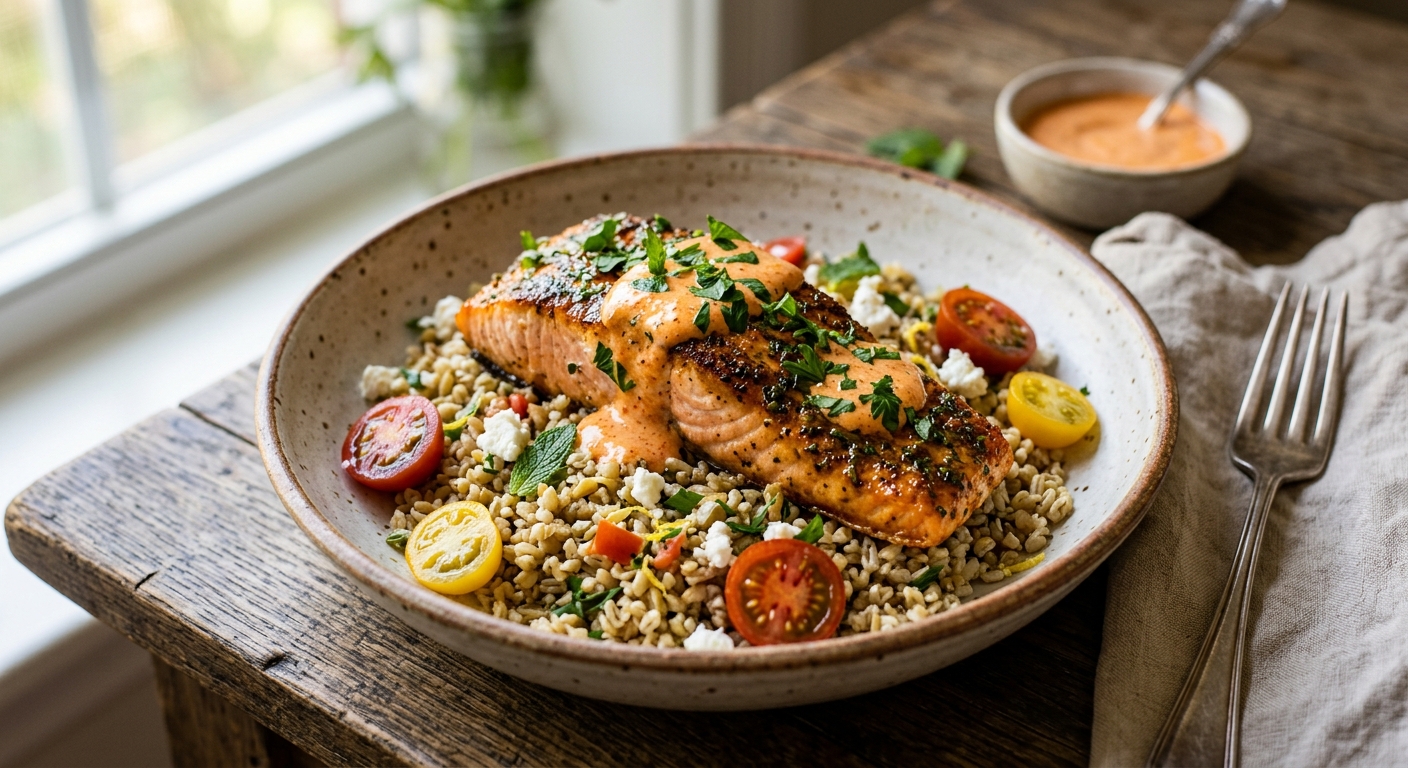 Harissa Salmon with Freekeh