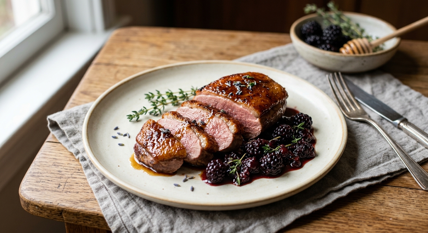 Lavender-Honey Glazed Duck Breast with Blackberry-Thyme Compote