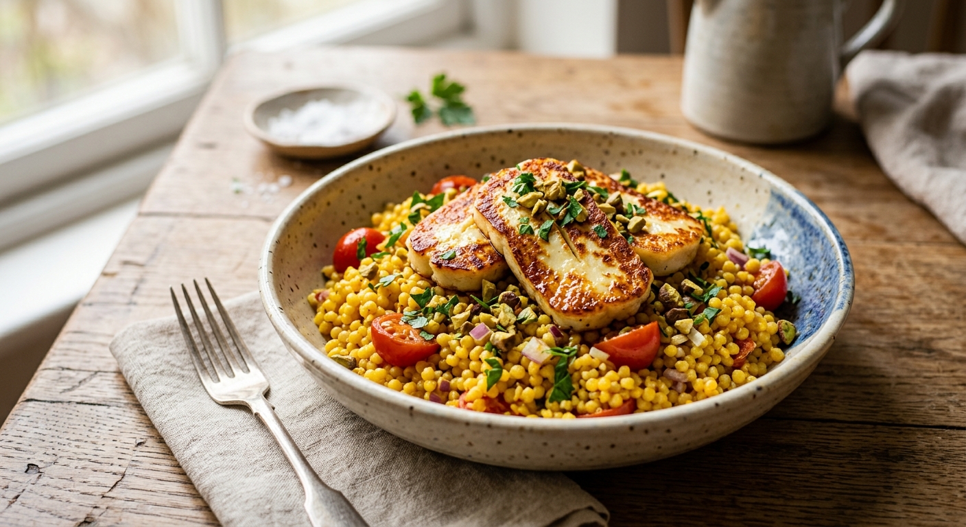 Saffron Pearl Couscous with Seared Halloumi