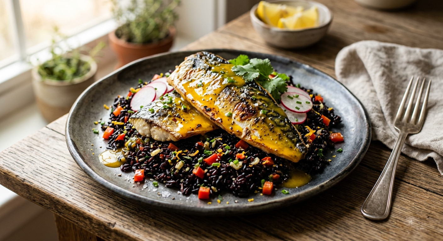 Seared Mackerel with Citrus Black Rice