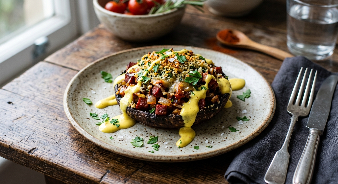 Smoked Paprika & Chorizo Stuffed Portobello with Saffron Aioli