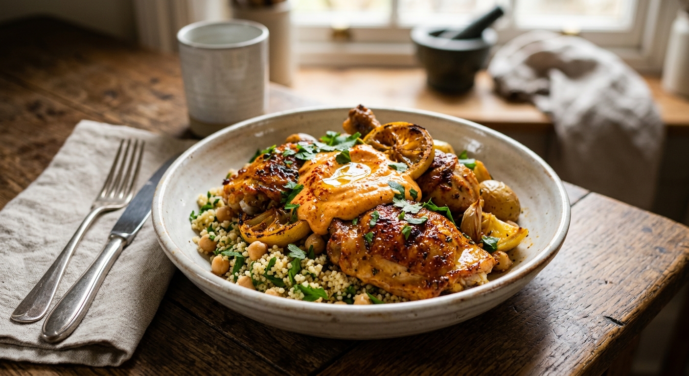 Smoked Paprika & Lemon Roasted Chicken with Harissa Yogurt